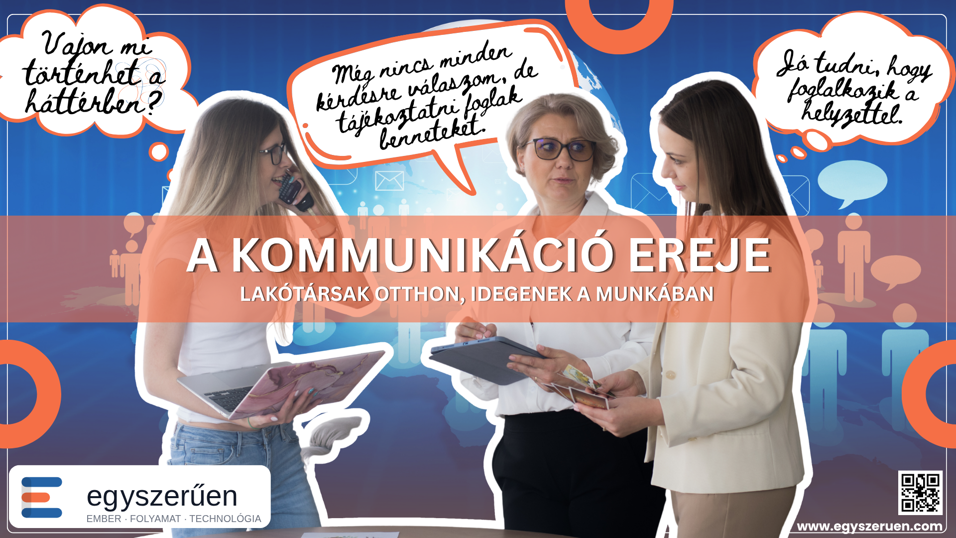 Három nő beszélget, miközben a kommunikáció hiányából eredő gondolatok jelennek meg fölöttük.